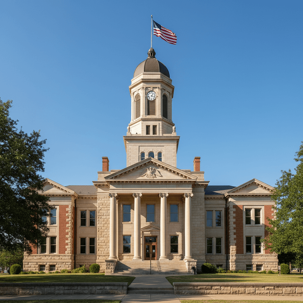 Wide-angle photograph of a classic Oklahoma county courthouse exterior on a clear morning, warm natural light, stone fac