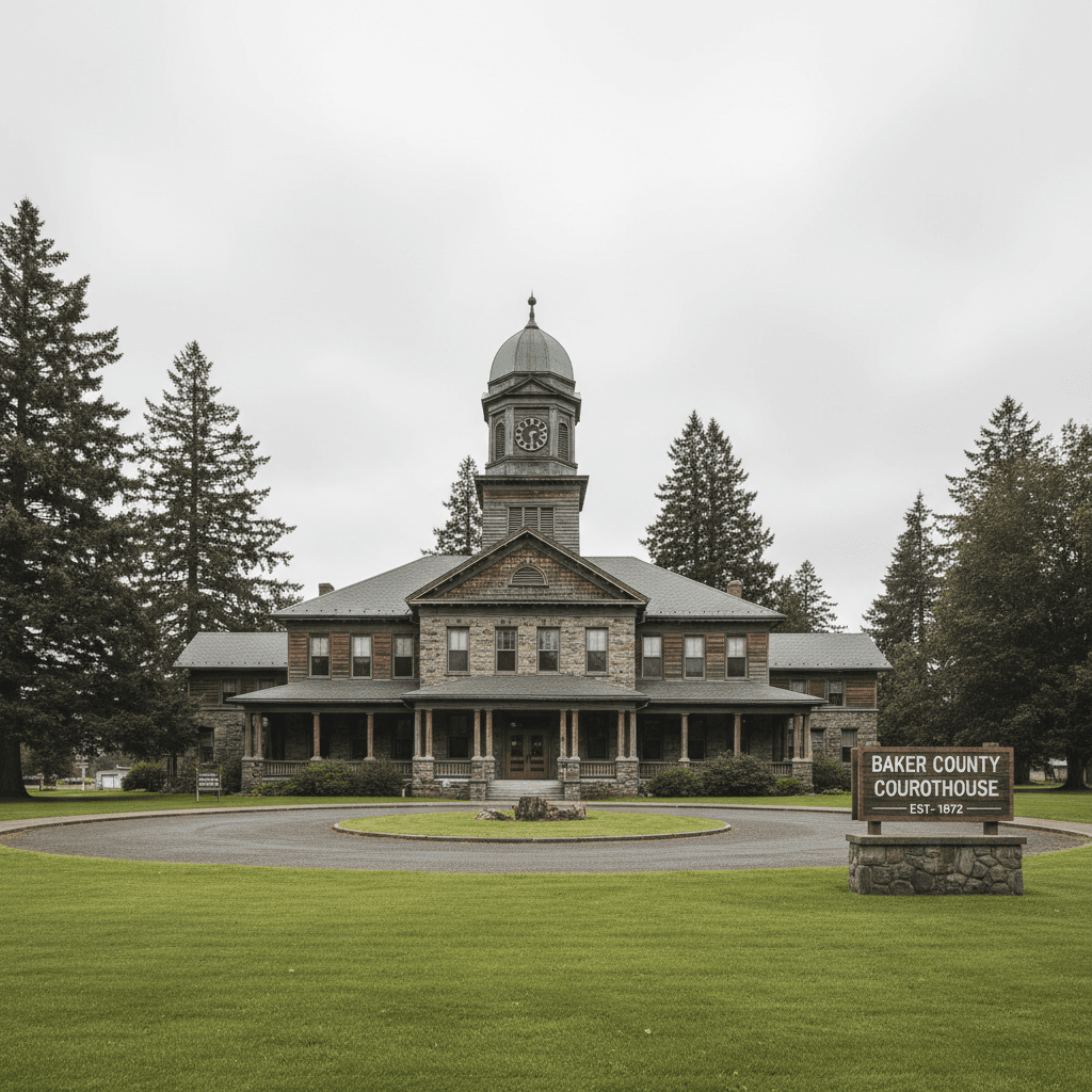 A county courthouse exterior in rural Oregon on an overcast morning, wide angle, muted earth tones, no people visible, p