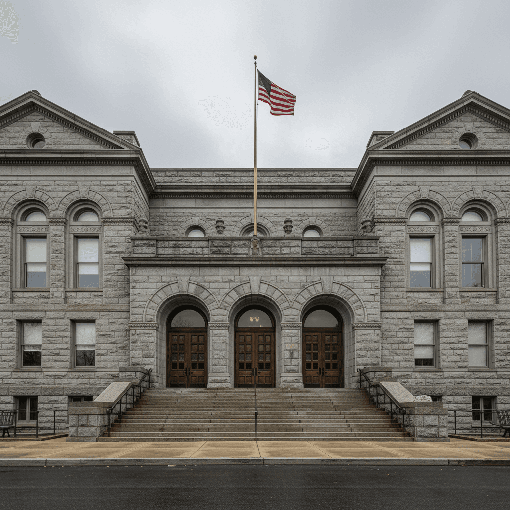 Wide-angle photograph of a Pennsylvania county courthouse facade on an overcast morning, stone steps leading to tall arc