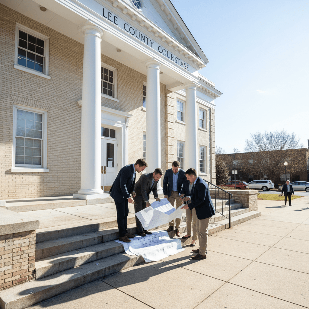 A South Carolina county courthouse exterior on a bright weekday morning, with a small group of professional investors in