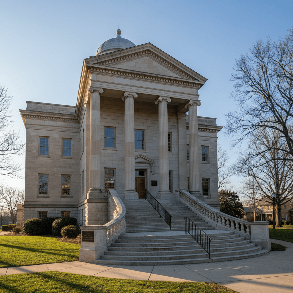 Wide-angle photograph of a historic Tennessee county courthouse with classical columns and stone steps under a clear mor