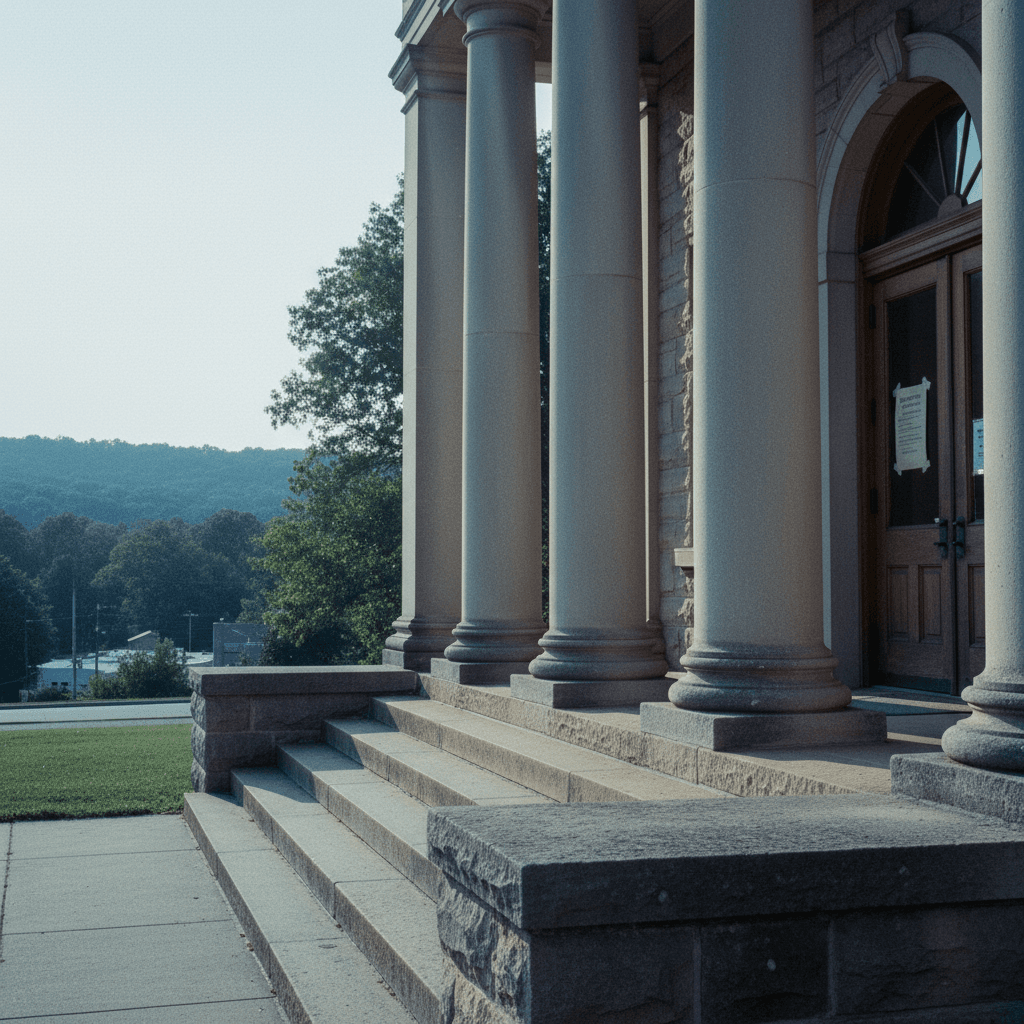 Tennessee: the limestone steps and columns of a county courthouse at late afternoon, a folded public notice taped near the door