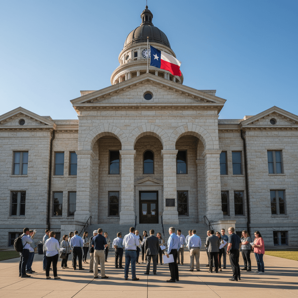 Wide-angle photograph of a Texas county courthouse exterior on a clear morning, stone facade with a Texas state flag fly