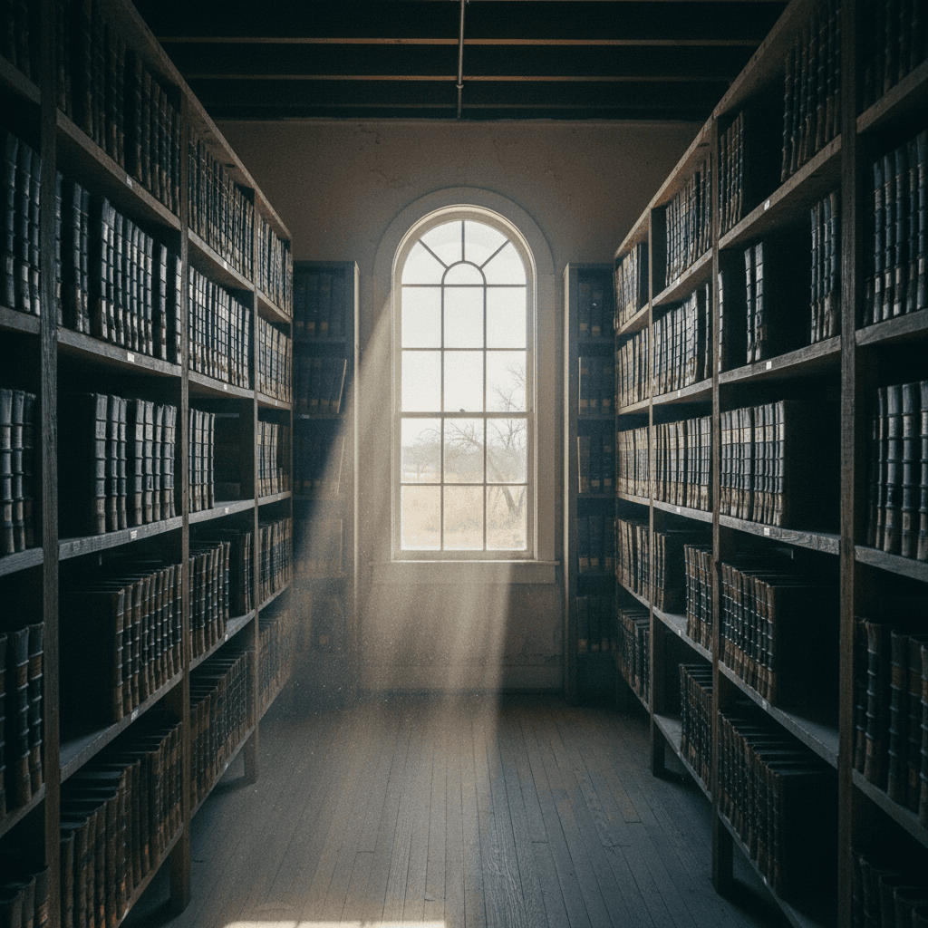 Texas: a county records office interior, rows of oversized deed ledgers on wooden shelves, dust in a shaft of window light