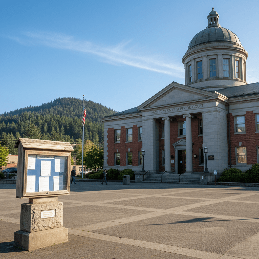 A county courthouse in a Pacific Northwest city on a clear morning, with evergreen trees visible in the background and a