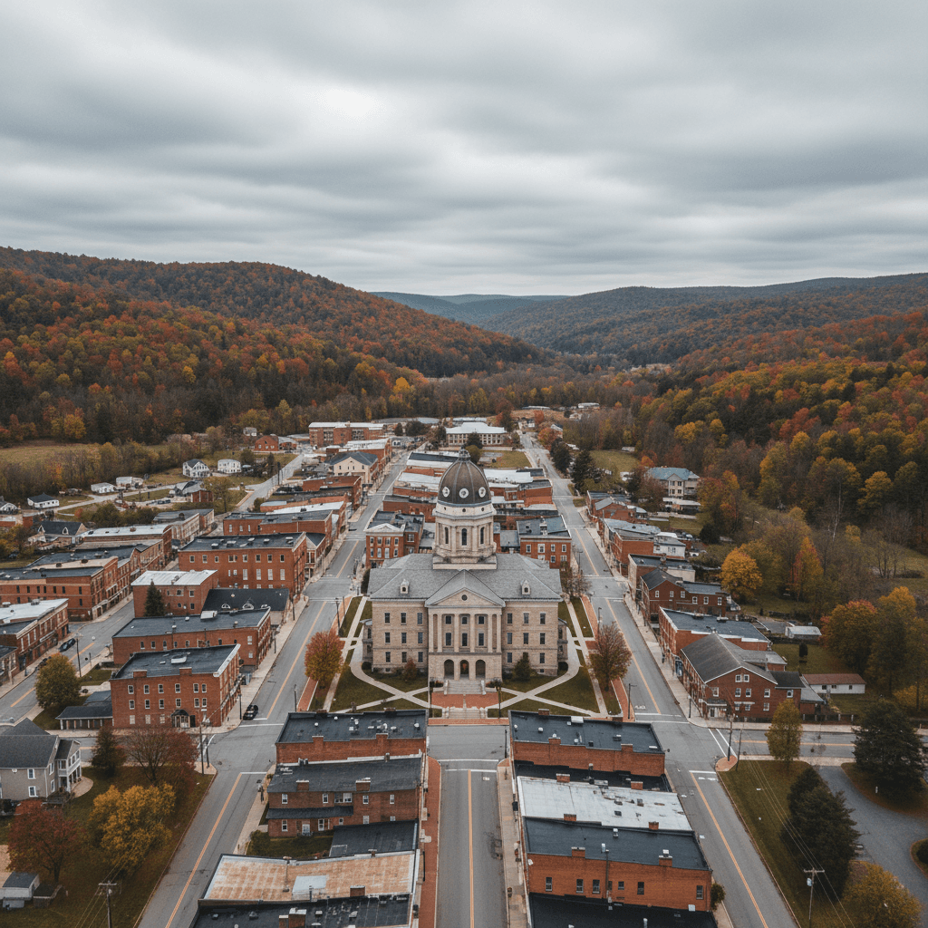 Aerial photograph of a West Virginia county courthouse surrounded by Appalachian hills in early autumn, overcast natural
