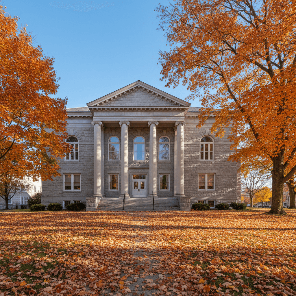 Wide-angle photograph of a Wisconsin county courthouse on a clear autumn morning, red and orange maple leaves on the gro