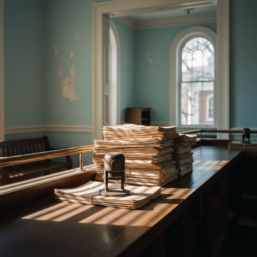 Alabama: a county clerk counter with stacked property files and a date stamp, morning light through blinds