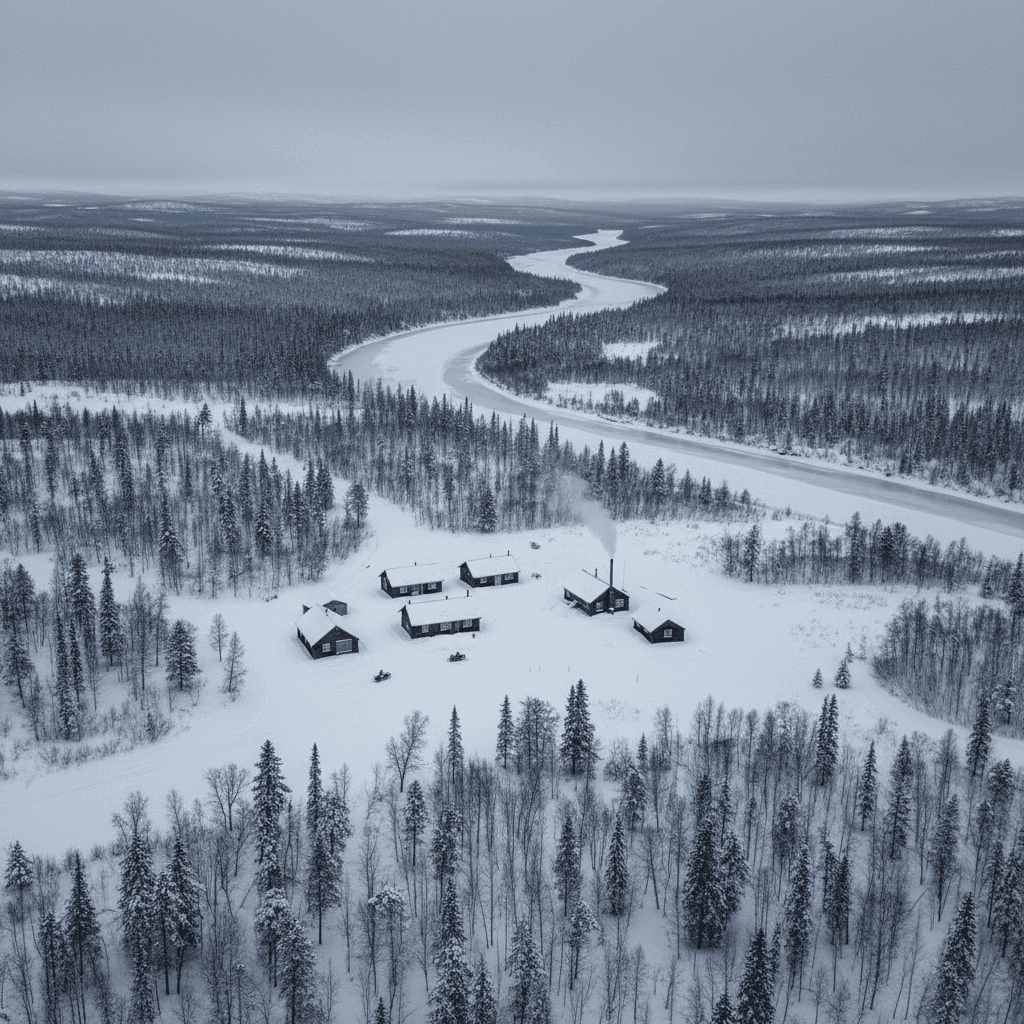 Aerial photograph of a remote Alaskan landscape showing sparse boreal forest and a small cluster of structures near a fr