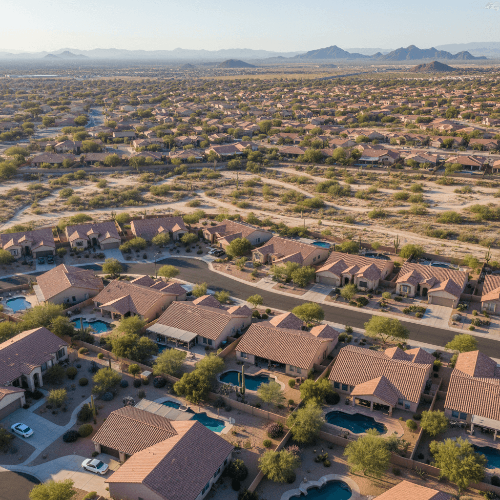 A wide aerial photograph of a sun-drenched Phoenix suburban neighborhood with terracotta rooftops and desert landscaping