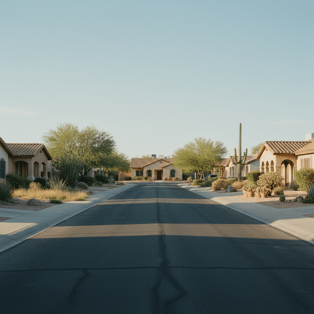 Arizona: a quiet residential street of modest single-family houses, long shadows, one house with an unmaintained lawn