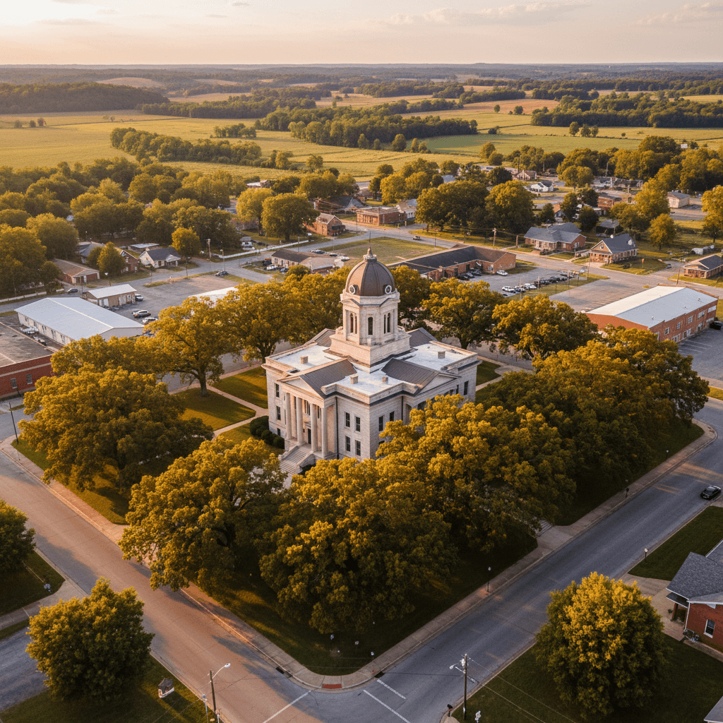 Aerial photograph of a rural Arkansas county courthouse surrounded by mature oak trees, golden afternoon light, clean an