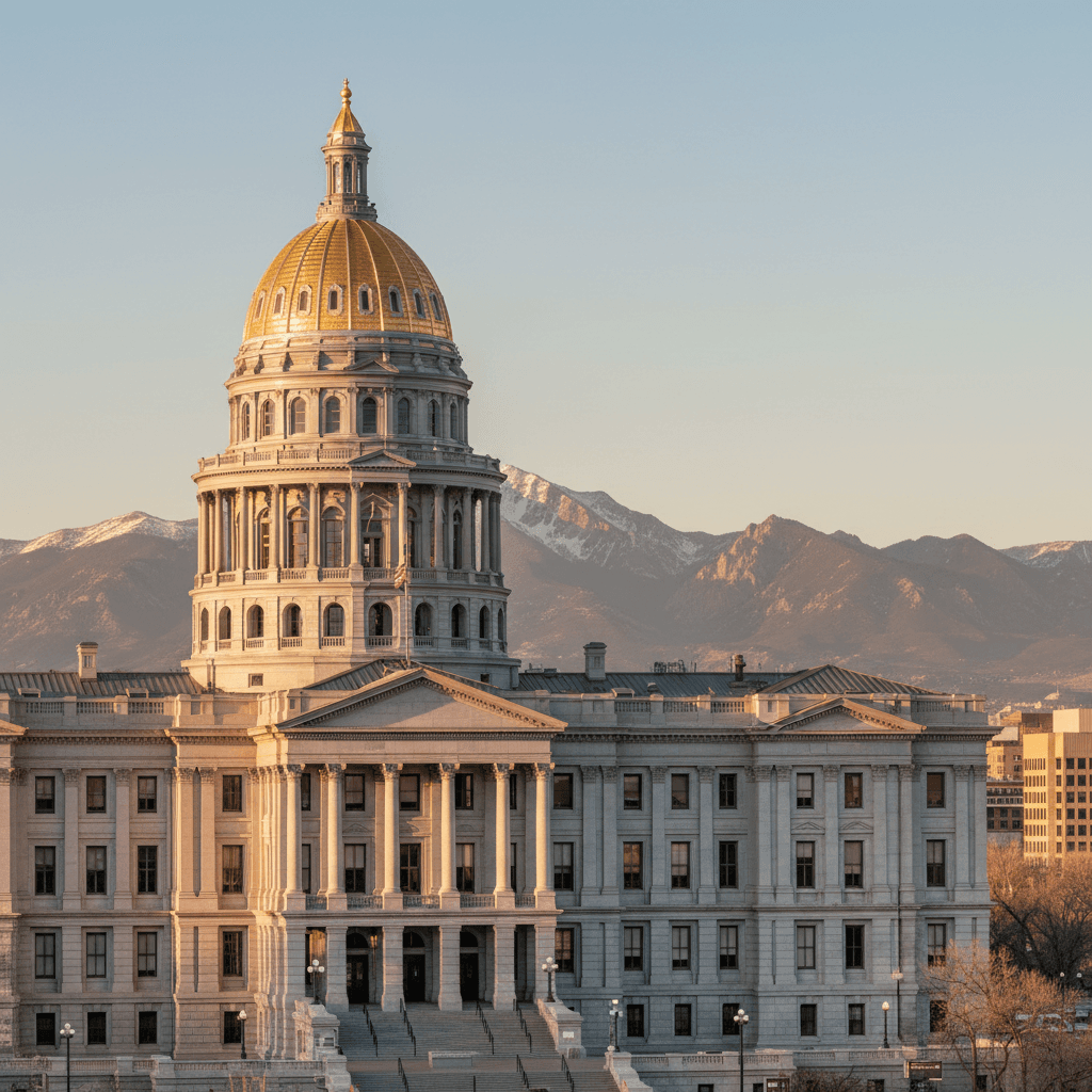 Wide-angle photograph of the Colorado State Capitol building dome in golden afternoon light with the Rocky Mountains vis