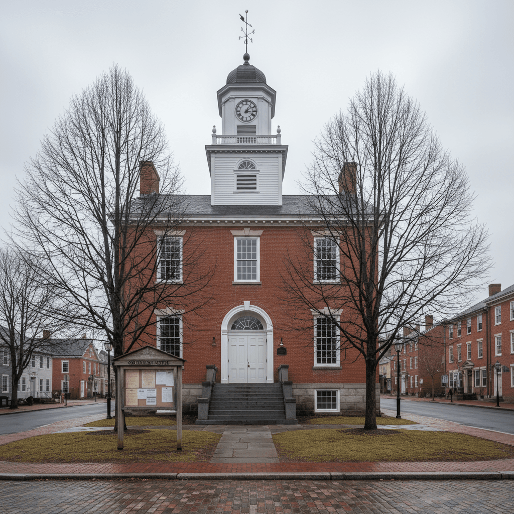 Exterior of a historic New England town hall building on an overcast day, red brick facade with white trim, bare maple t