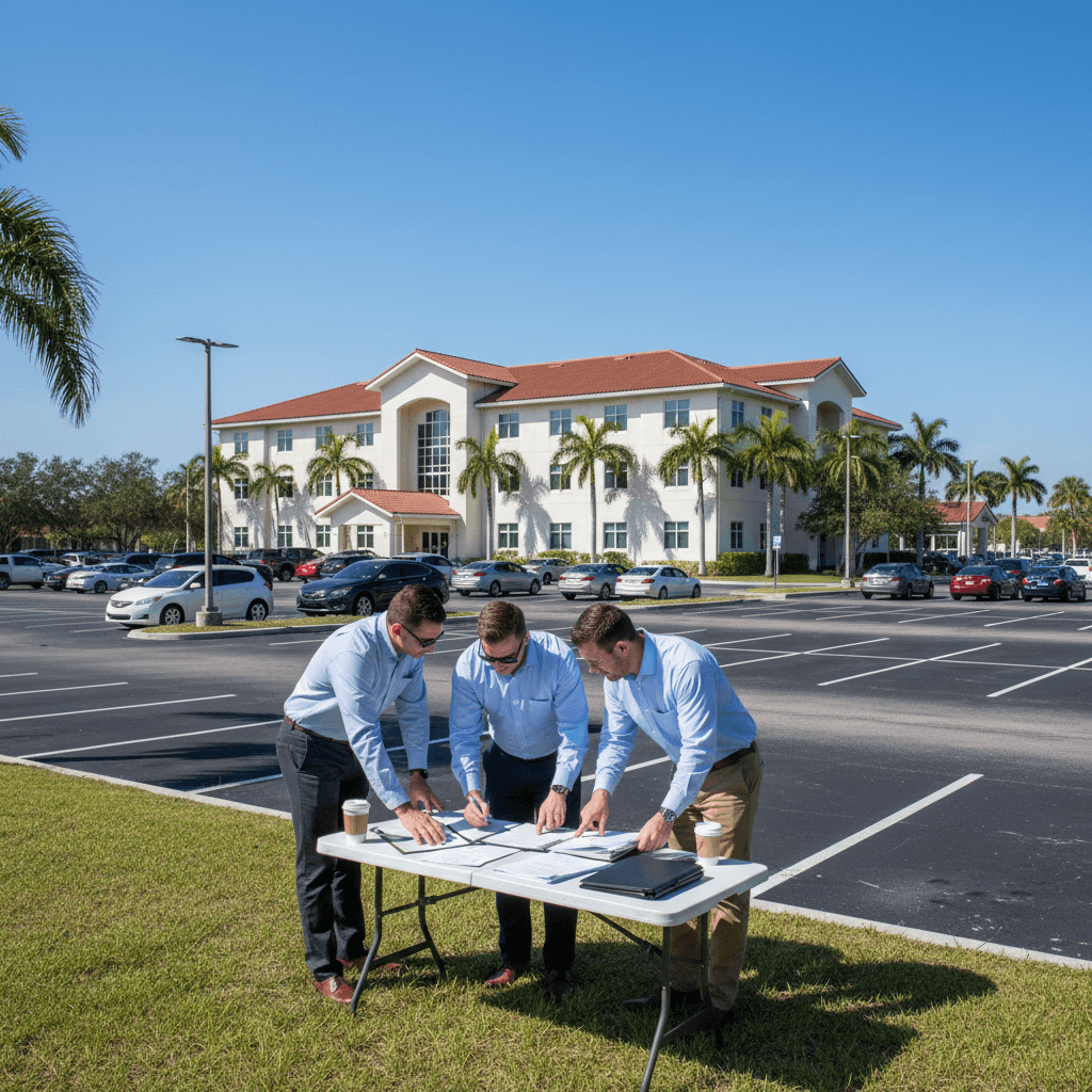 A Florida county government building with a large parking lot under clear blue sky, investors reviewing documents on a f
