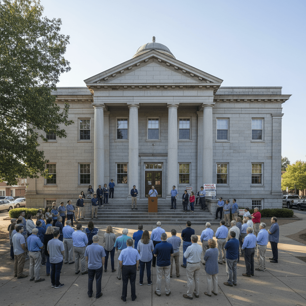 Wide-angle photograph of a historic Georgia county courthouse on a clear morning, stone facade and columns in sharp focu