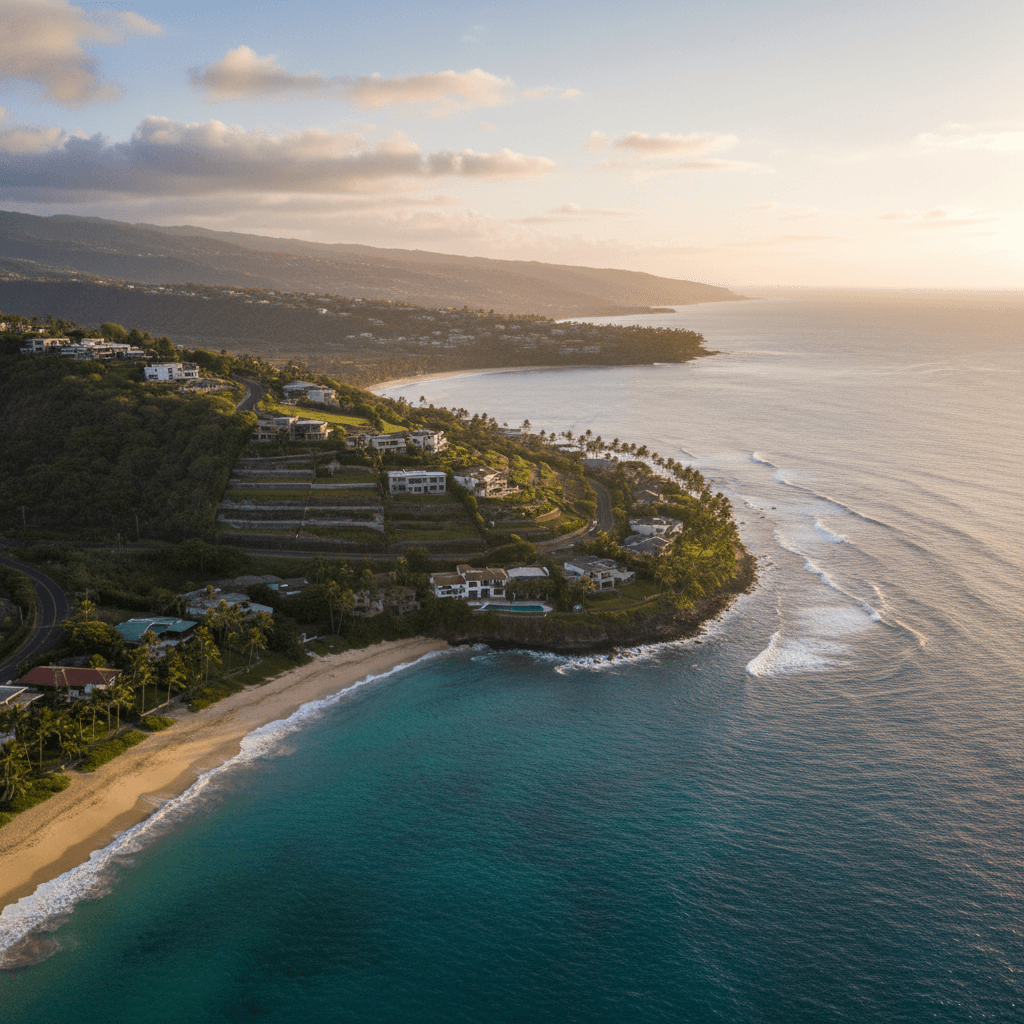Aerial photograph of a Hawaiian coastline with residential properties visible on a volcanic hillside, shot in soft morni