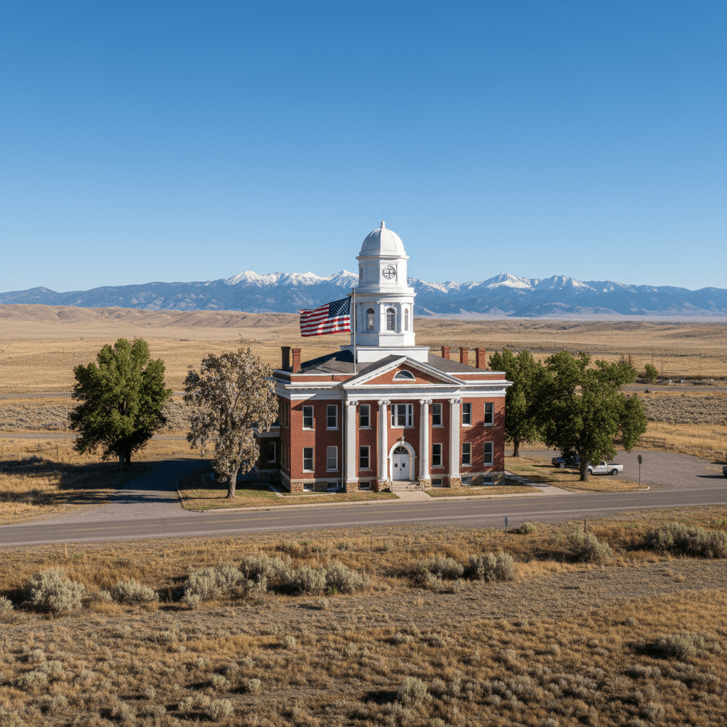 A wide-angle photograph of a rural Idaho county courthouse on a clear afternoon, red brick exterior with an American fla
