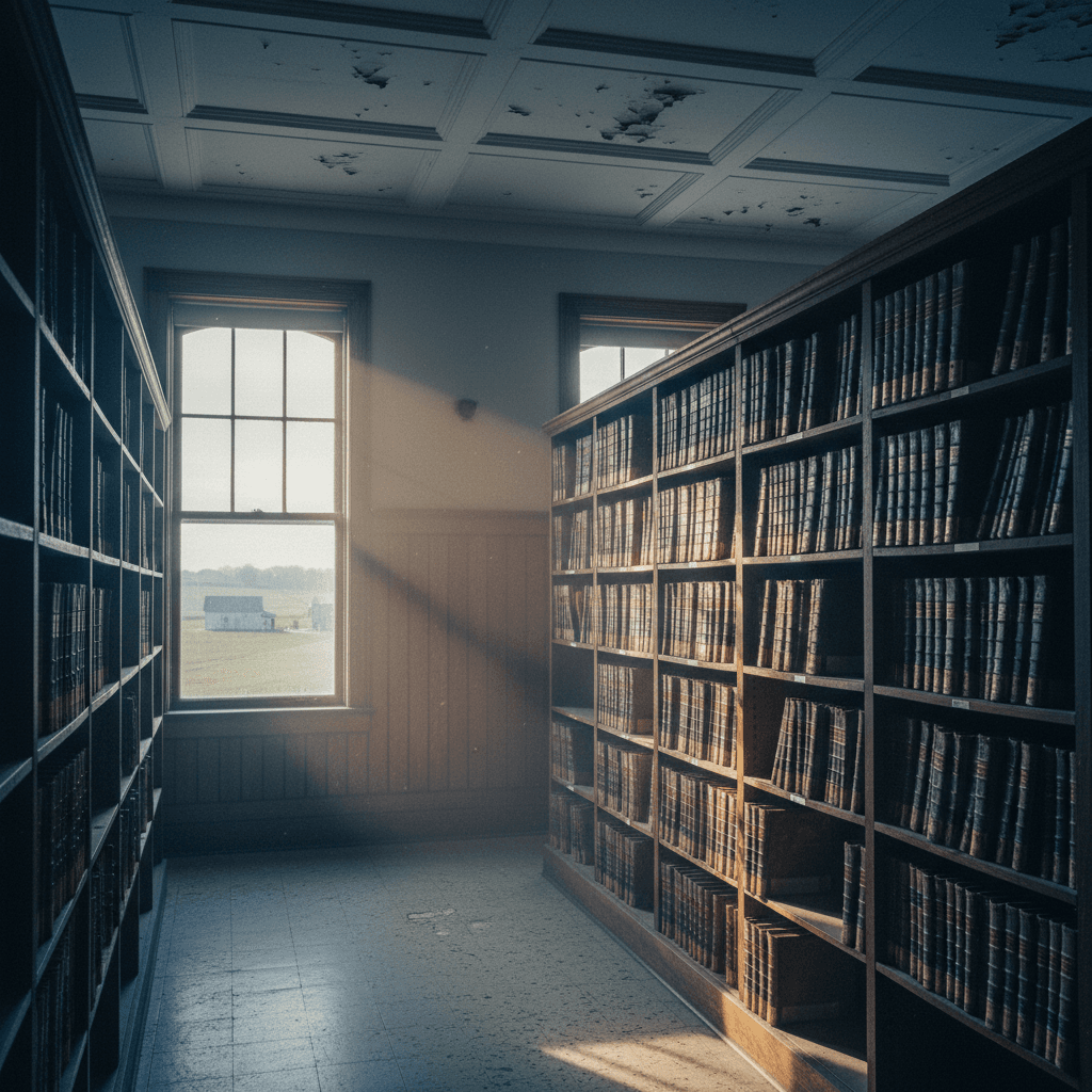 Illinois: a county records office interior, rows of oversized deed ledgers on wooden shelves, dust in a shaft of window light