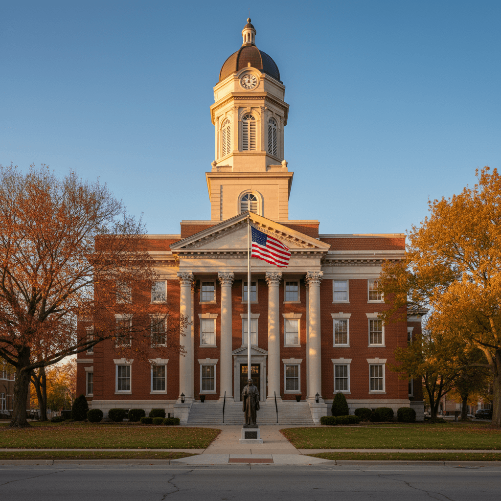 A wide-angle photograph of a county courthouse in a mid-sized Indiana city on a clear autumn morning, warm natural light