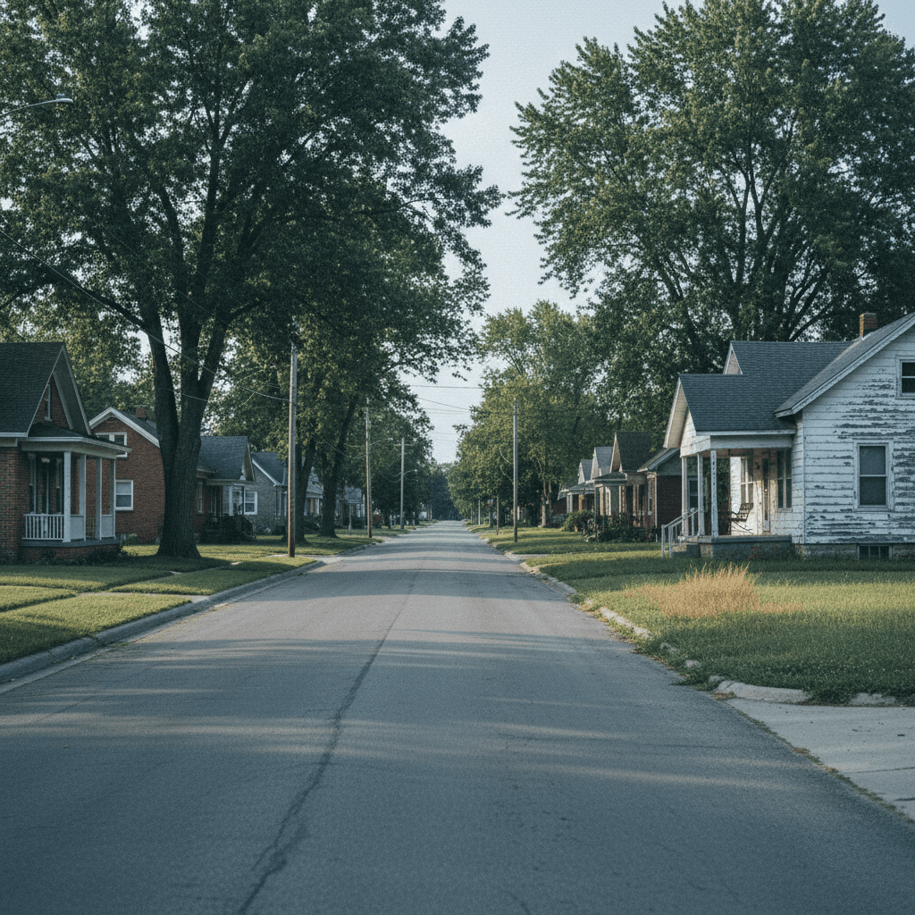 Iowa: a quiet residential street of modest single-family houses, long shadows, one house with an unmaintained lawn