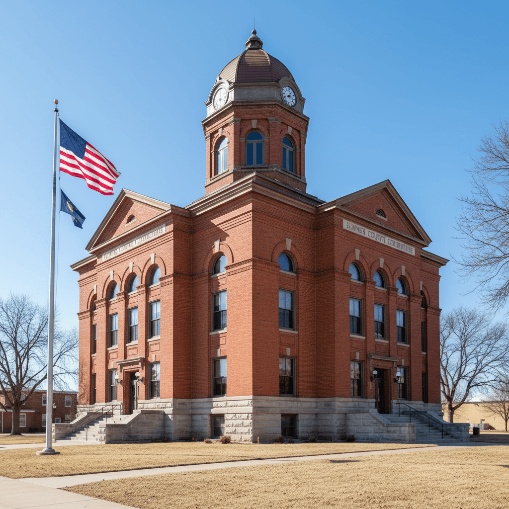 A wide-angle photograph of a Kansas county courthouse on a clear midday, red brick facade with stone steps, an American