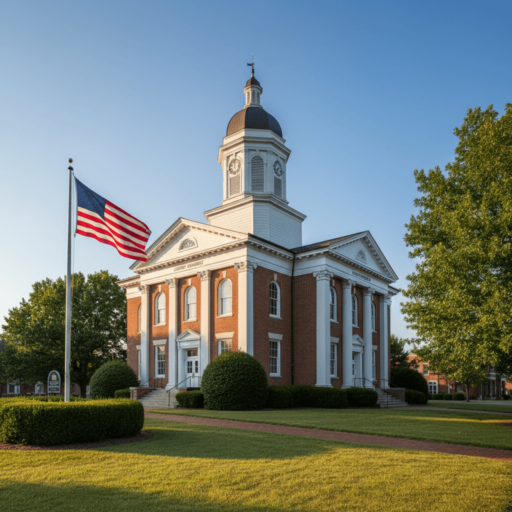 A county courthouse in a small Kentucky town on a clear morning, wide shot, warm natural light, American flag visible, n