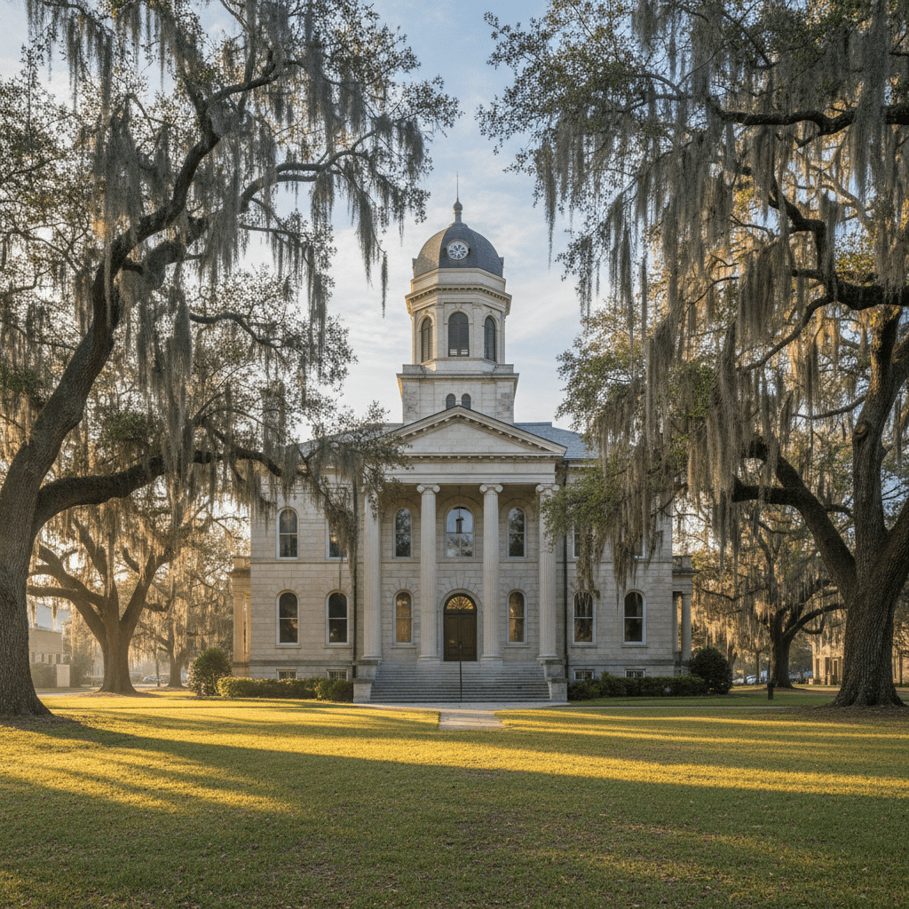 A wide-angle photograph of a historic Louisiana parish courthouse surrounded by mature oak trees with Spanish moss, soft