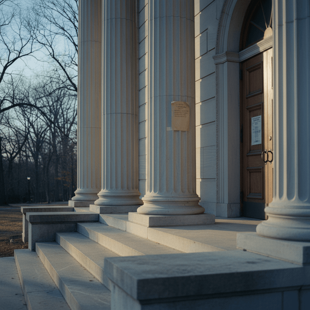Maryland: the limestone steps and columns of a county courthouse at late afternoon, a folded public notice taped near the door