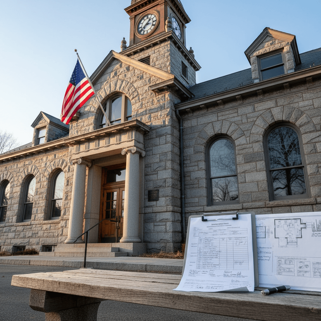 A New England municipal building with a stone facade and American flag, morning light, a clipboard with property documen