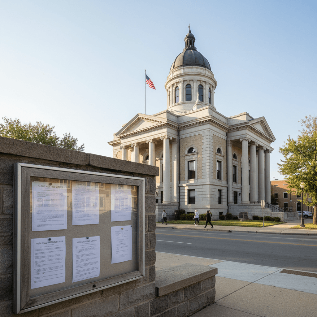 A county courthouse in a midwestern city on a clear morning, wide-angle shot, neutral tones, a government bulletin board