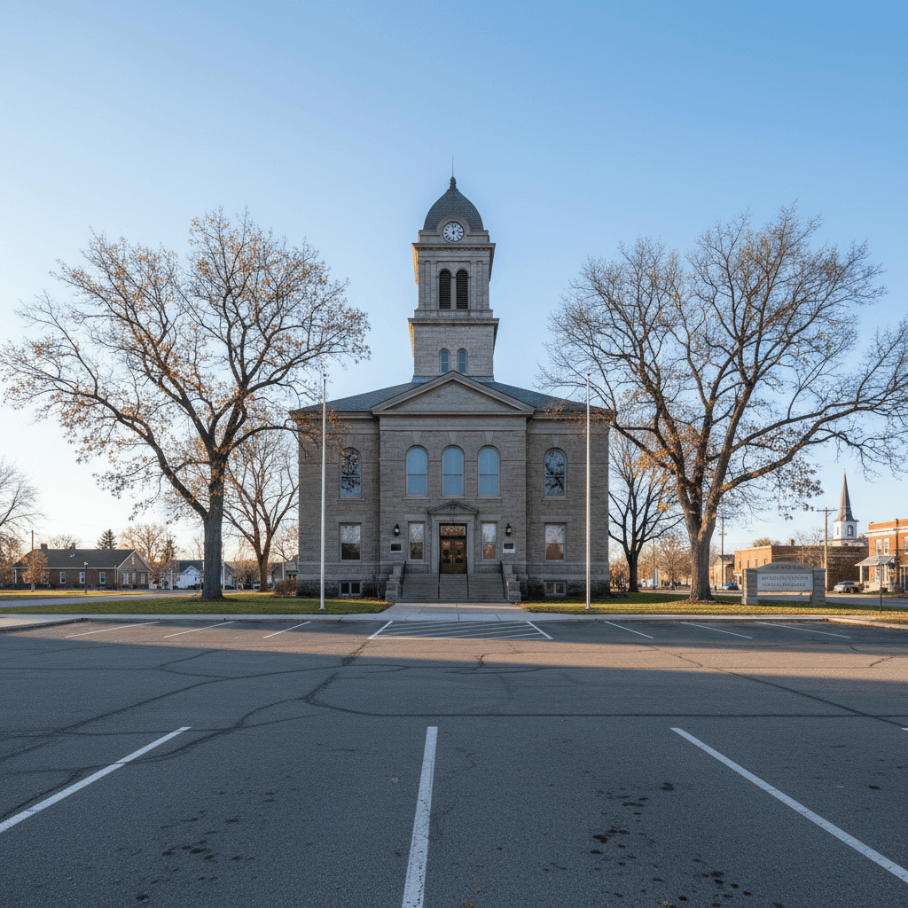 A wide-angle photograph of a county courthouse in a small Minnesota town on a clear autumn morning, bare oak trees flank