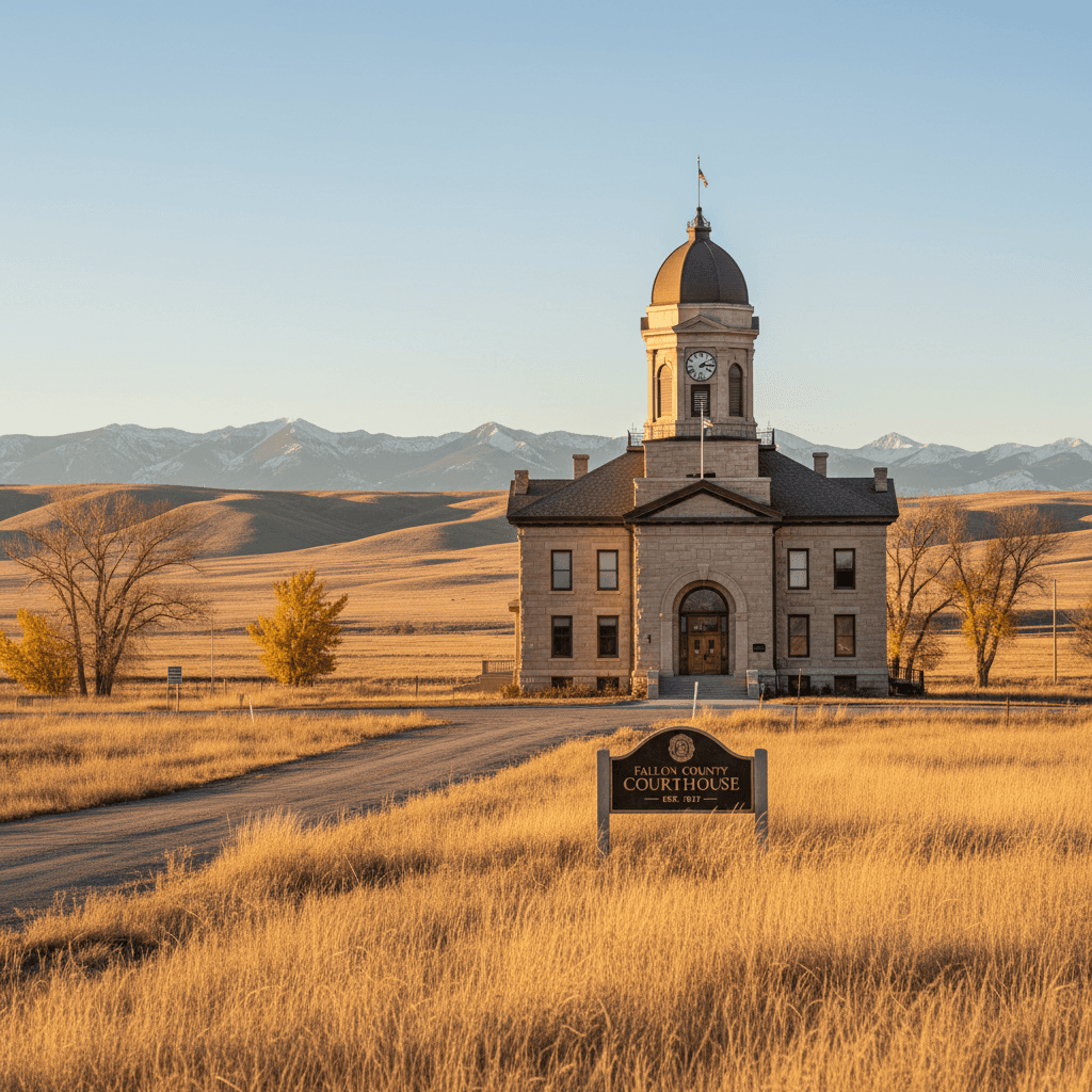 A wide-angle photograph of a rural Montana county courthouse on a clear autumn day, warm natural light, golden grass in