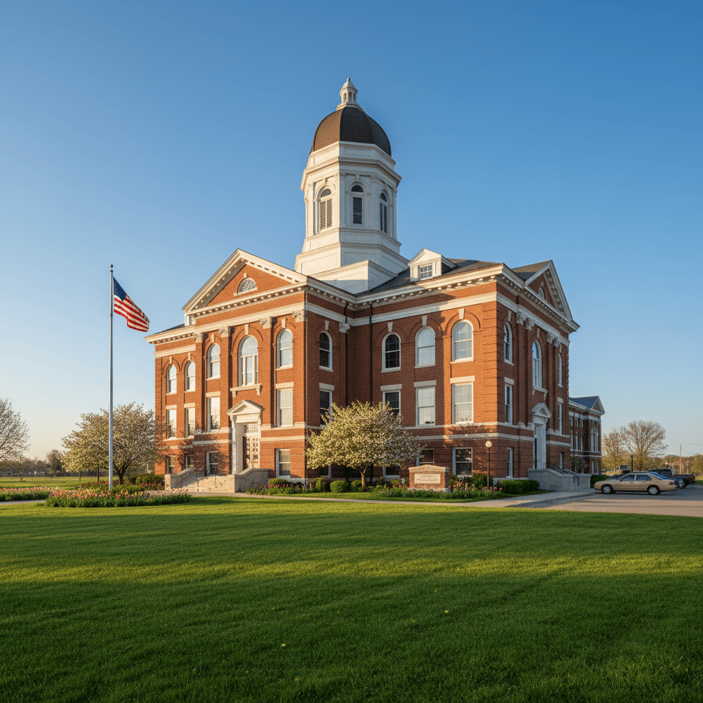 A quiet Nebraska county courthouse on a clear spring morning, wide-angle exterior shot, warm natural light on red brick