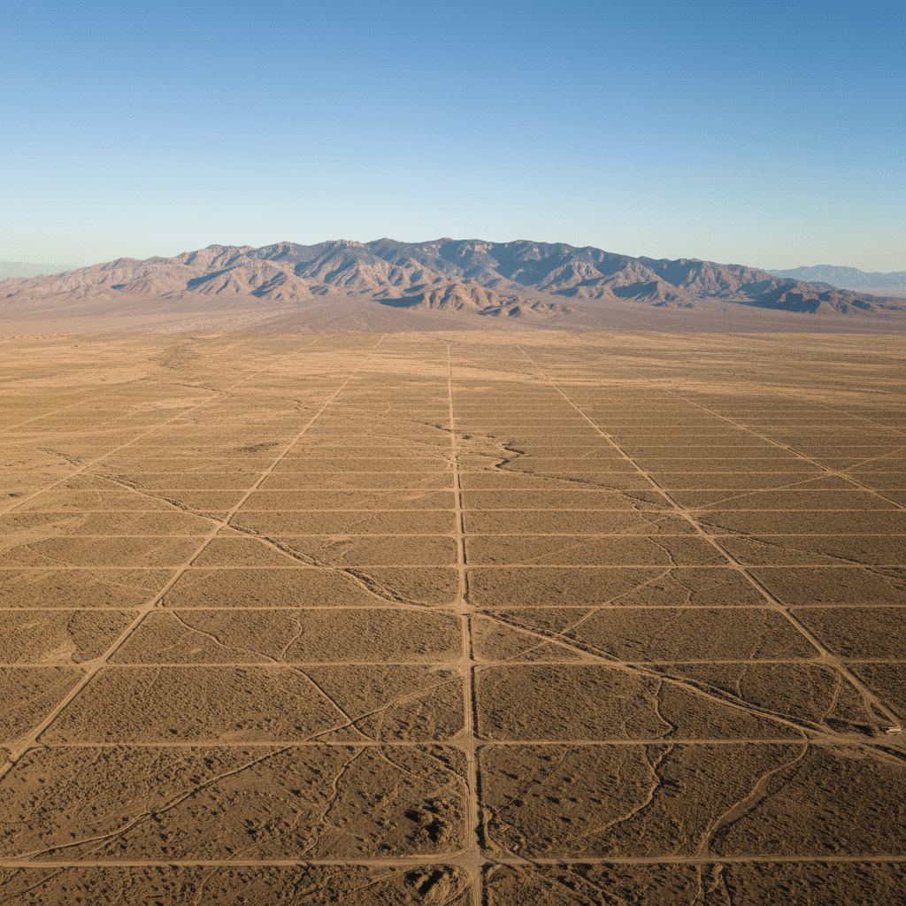 Aerial photograph of a sun-baked Nevada desert landscape with a grid of rural land parcels visible from above, sparse sc