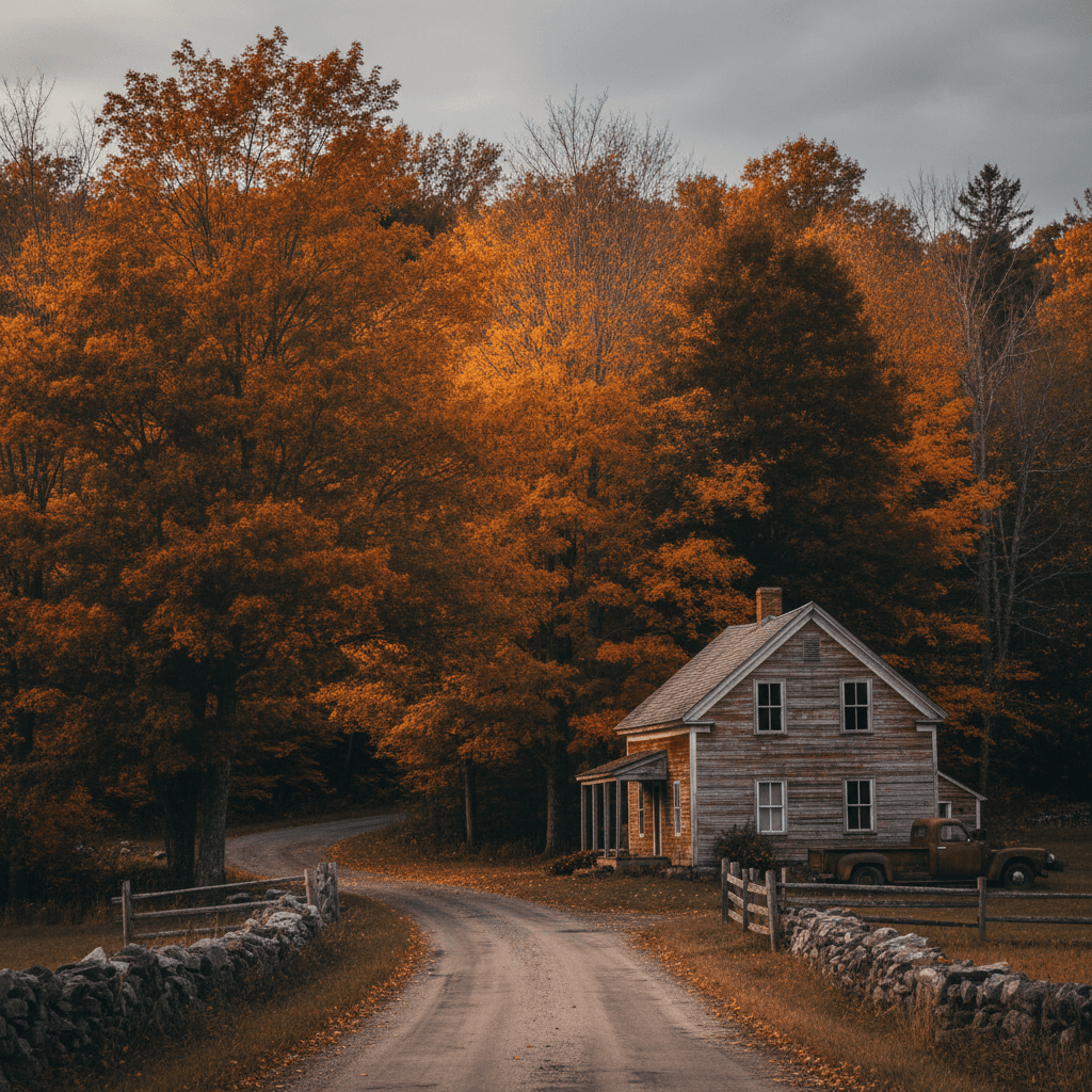 A Vermont rural property in autumn light, a wooden farmhouse with peeling paint on a quiet country road surrounded by ma