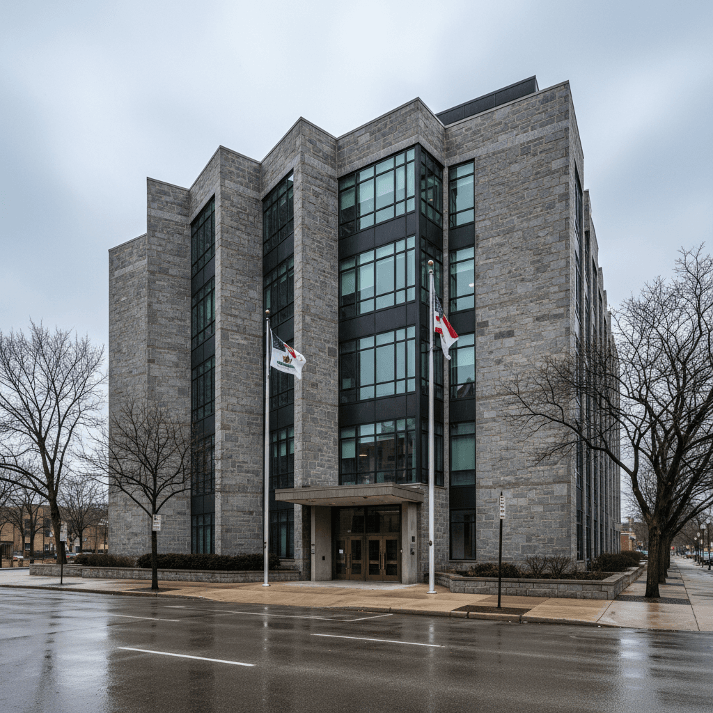 A Cook County courthouse exterior on a gray overcast morning, wide-angle shot, muted tones, no people, photorealistic, p