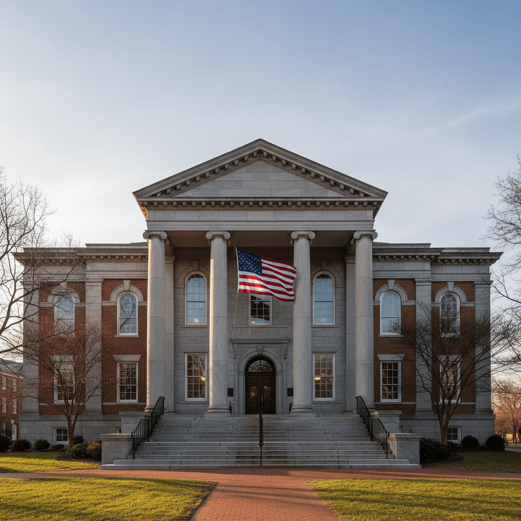 Wide-angle photograph of a Virginia circuit courthouse entrance with stone columns and an American flag, morning light,
