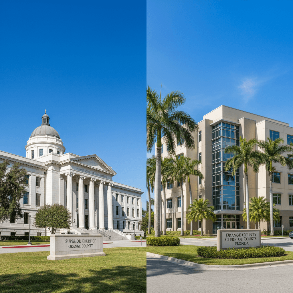 A split-composition photograph, left side showing a California county courthouse exterior under clear blue sky, right si
