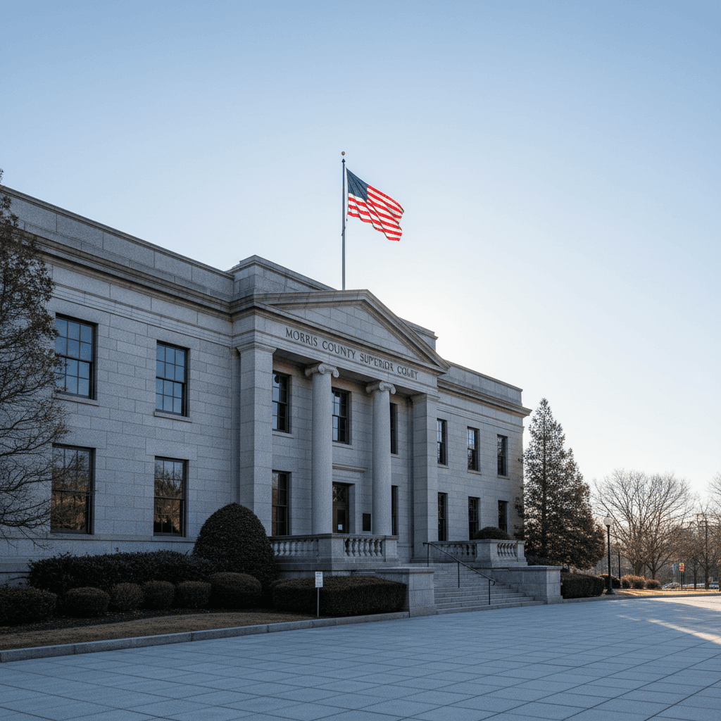 A formal New Jersey county courthouse exterior on a clear morning, wide-angle shot, stone facade with American flag, no