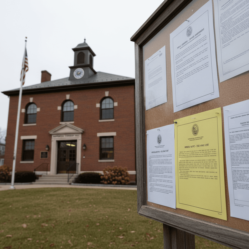 A quiet New Jersey municipal building exterior on an overcast morning, a cork bulletin board in the foreground with offi