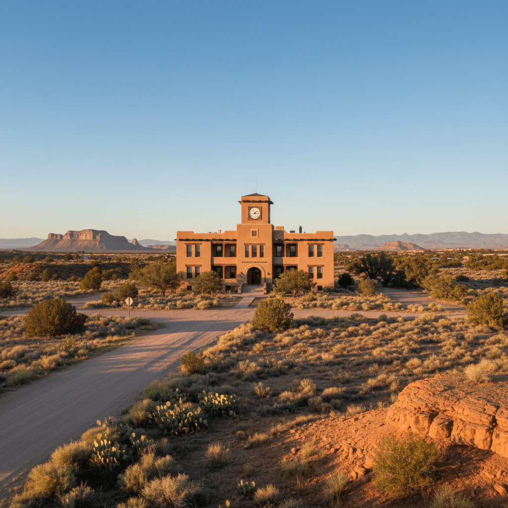 A remote high-desert landscape in New Mexico with a county courthouse visible in the middle distance under a clear blue