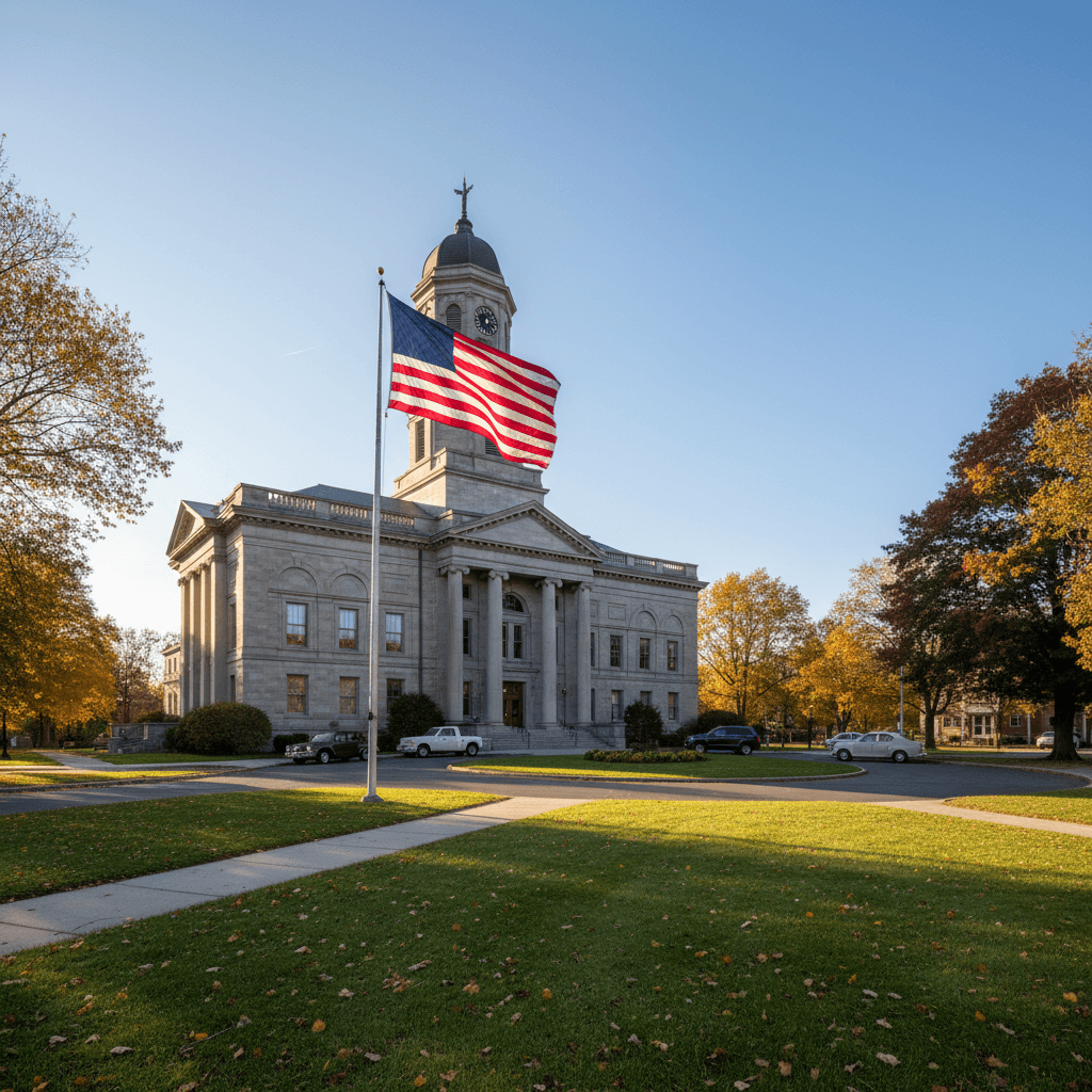 A wide-angle photograph of a county courthouse in upstate New York on a clear autumn morning, American flag visible, sto