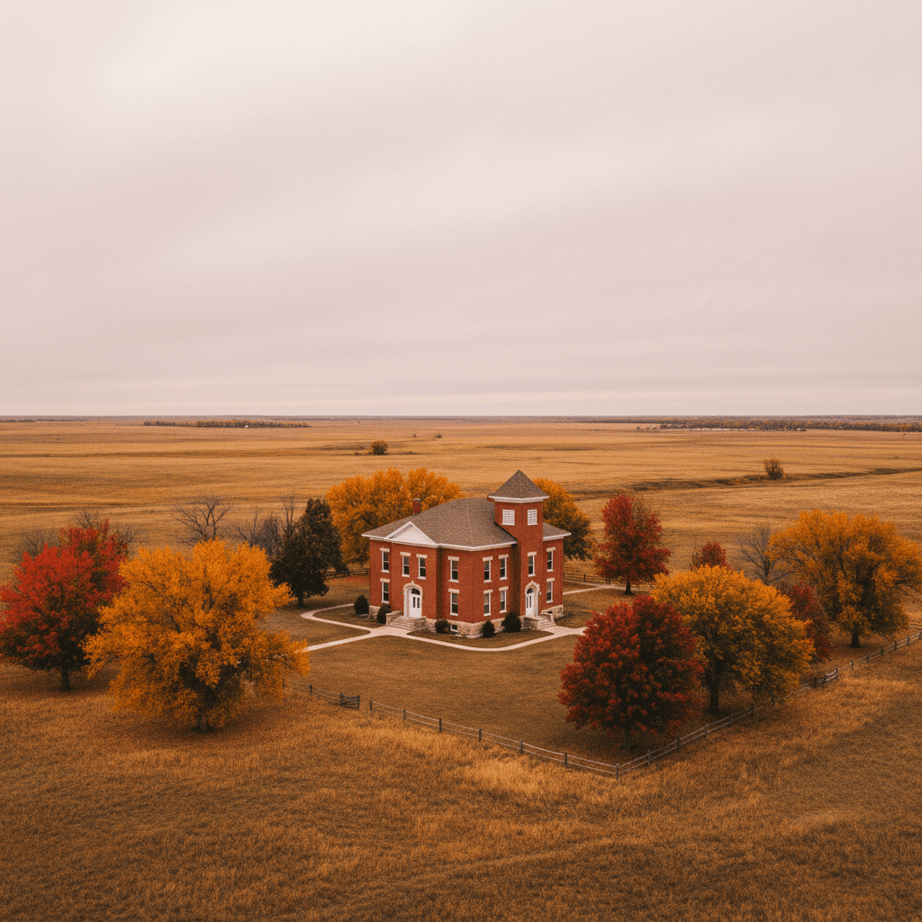 A wide-angle photograph of a rural North Dakota county courthouse in autumn, warm overcast light, prairie landscape visi