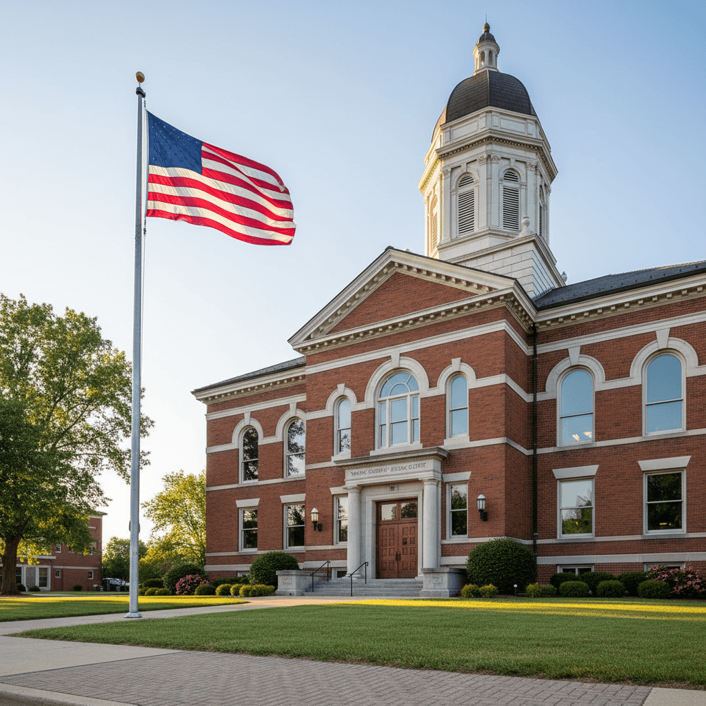 A county courthouse in Ohio on a clear morning, wide-angle exterior shot, red brick architecture, American flag in foreg
