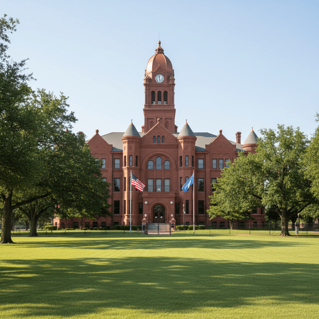 A wide-angle photograph of an Oklahoma county courthouse exterior on a clear morning, red brick architecture with Americ