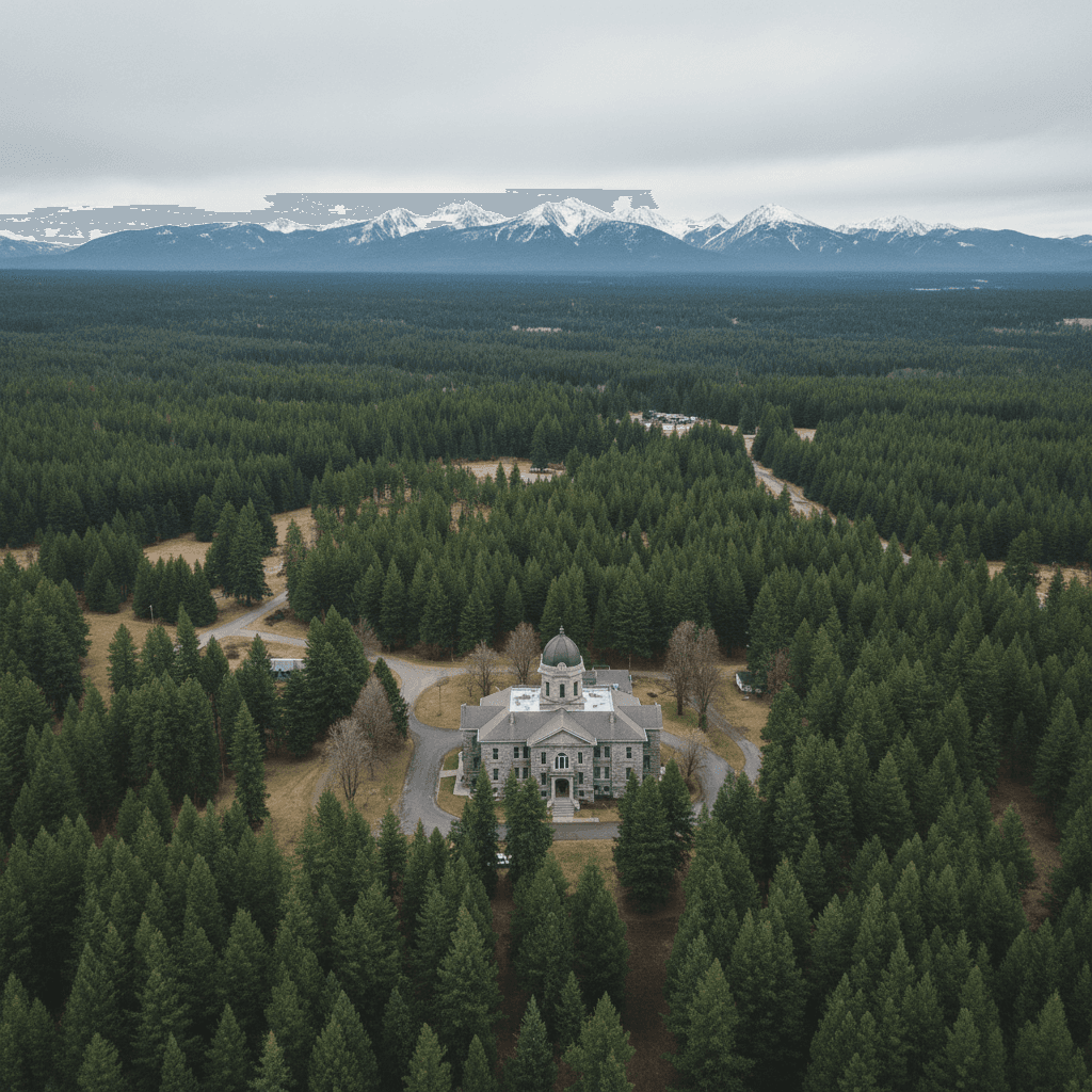 Aerial photograph of a rural Oregon county courthouse surrounded by green pine forests and distant snow-capped mountains