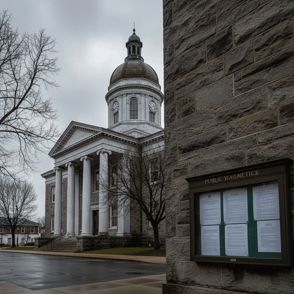 A stately Pennsylvania courthouse exterior on an overcast morning, stone facade with classical columns, a public notice
