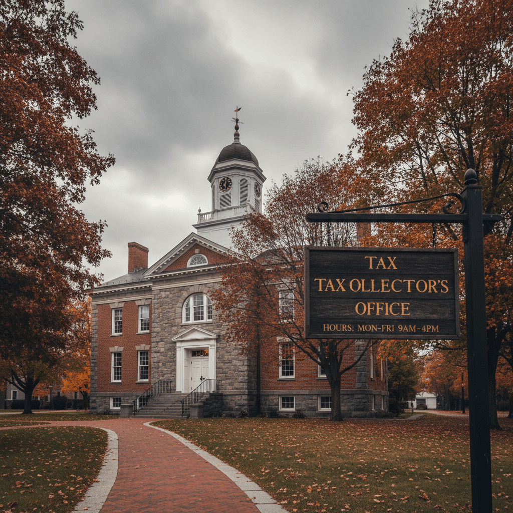 A historic New England municipal building with a tax collector's office sign visible on a cloudy autumn day, wide-angle
