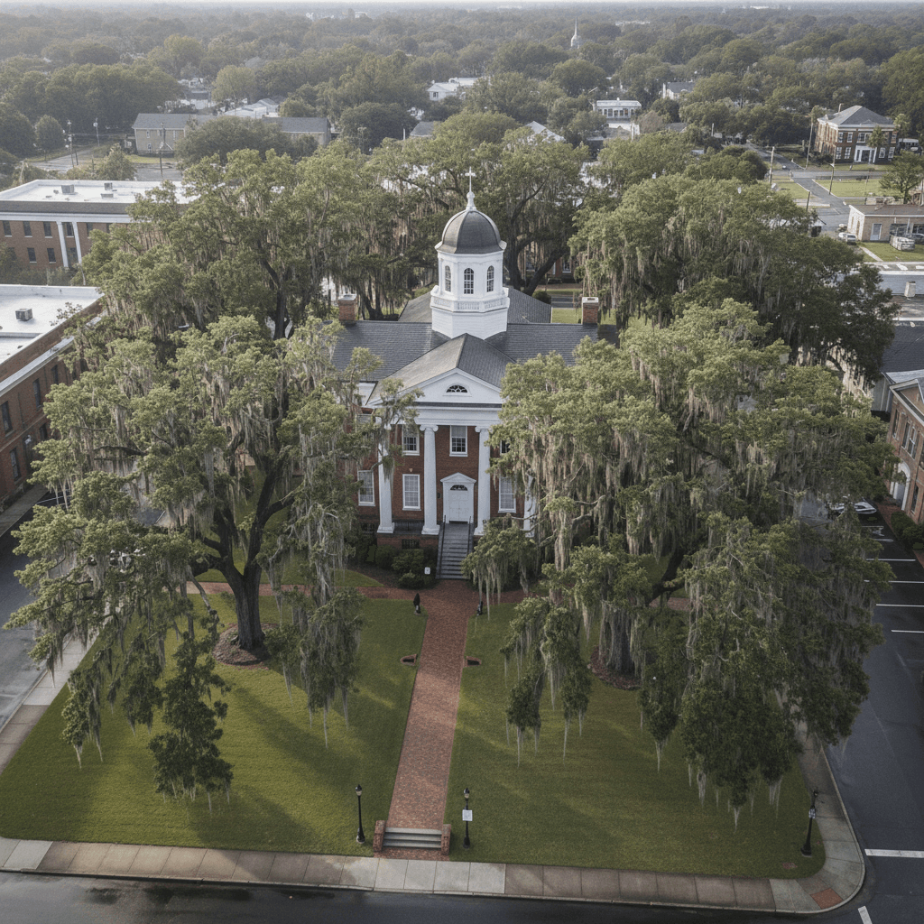 Aerial photograph of a South Carolina county courthouse surrounded by oak trees and Spanish moss, late morning light, mu